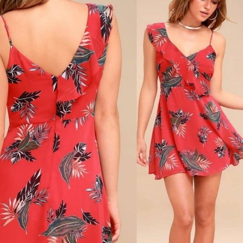 Lulus Luau or Later Red Print Skater Dress Coral Size Small